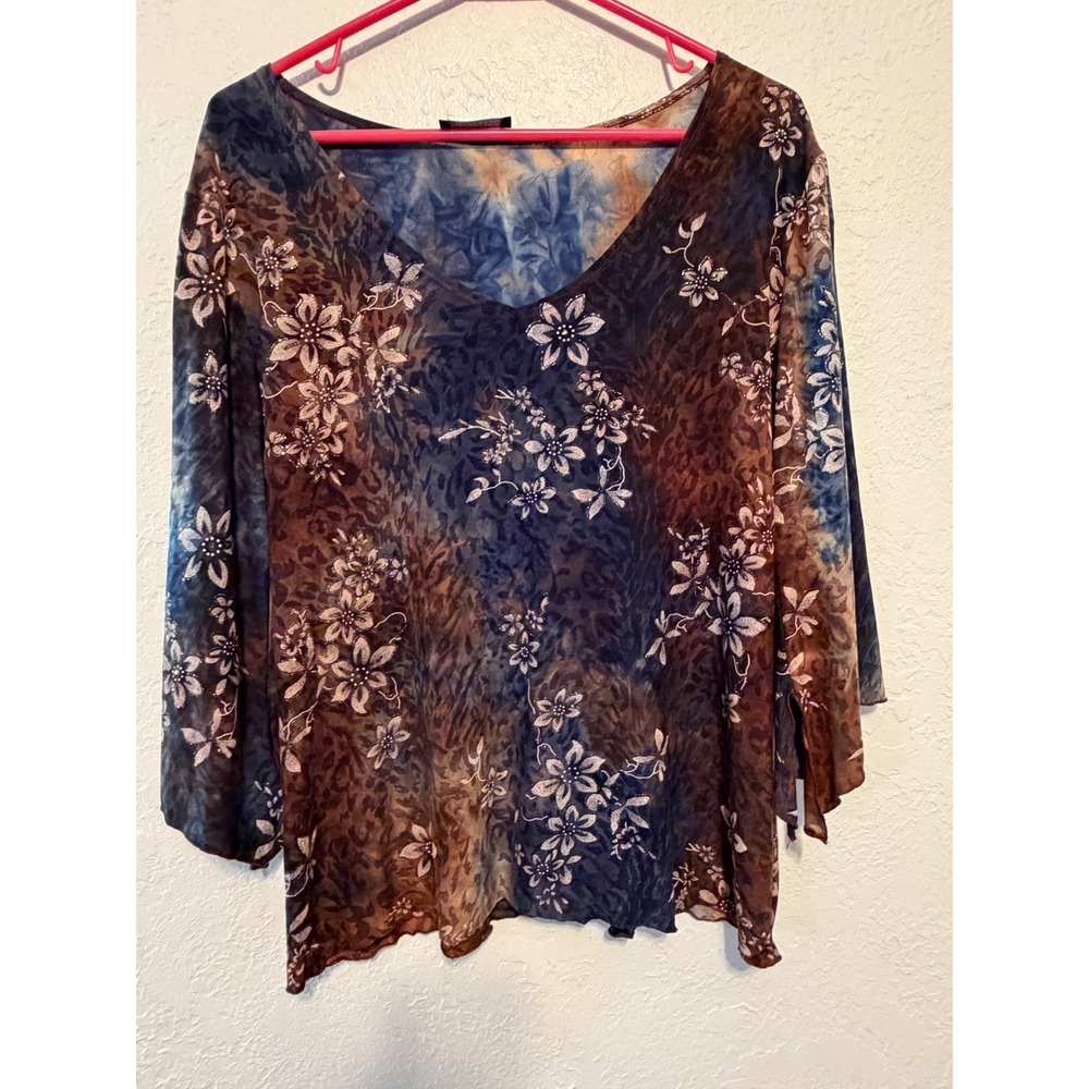 Brittany Black Sheer Mesh Tie Dye Leopard Floral Glitter V-Neck Top